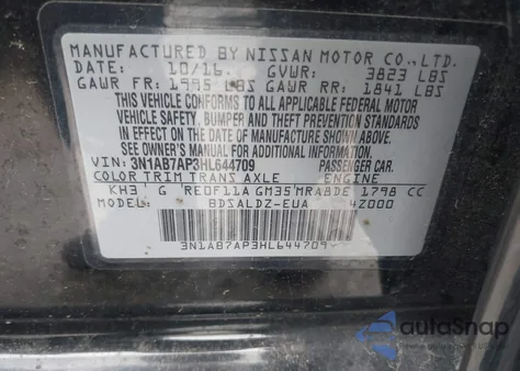 2017 Nissan Sentra Sv from USA, damaged, VIN 3N1AB7AP3HL644709